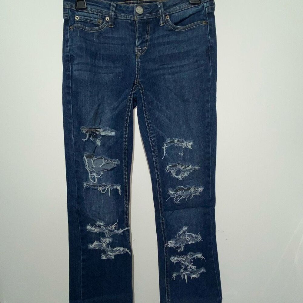 Aeropostale Women's Blue Distressed Whiskering Curvy Boot Jeans Size 00‎ Long